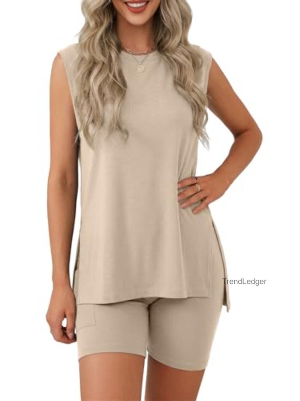 Women's 2-Piece Lounge Set Sleeveless Cap Sleeve Top Biker Shorts with Pockets